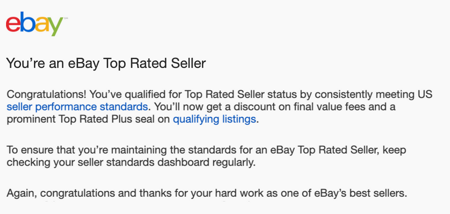 10/26 - Top seller status achieved on eBay